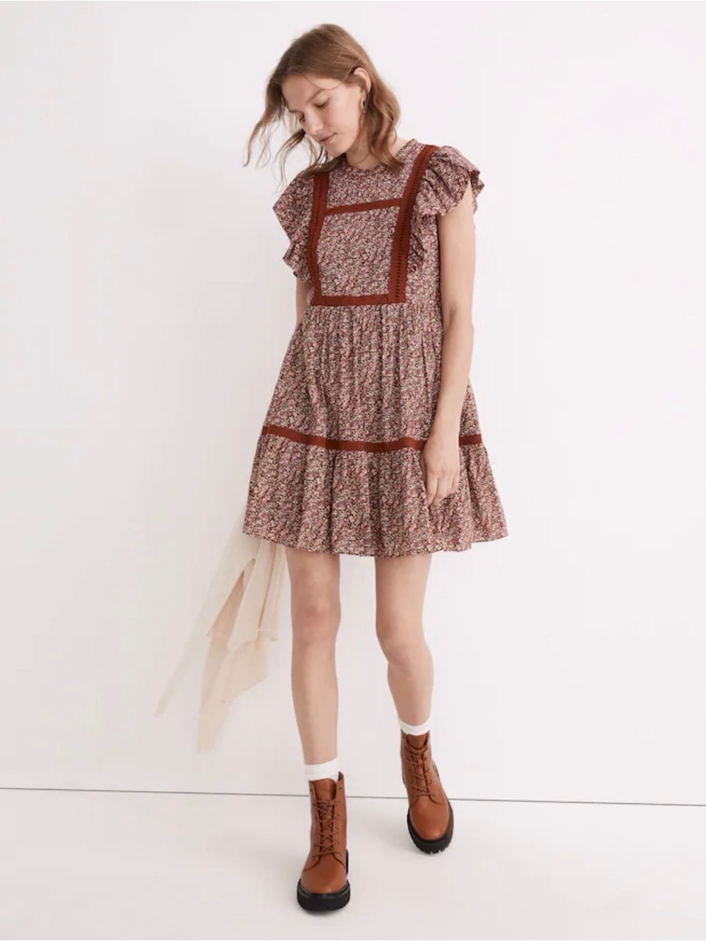 Madewell Flutter sleeve Floral Ruffle Mini Dress L